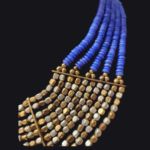 Puka shells royal blue w/sliver&bronze gold beads.Choker bib necklace. - Picture 3 of 6